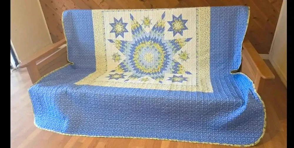 Full Size Quilt and Sham Lonestar Patchwork Quilt Blue Yellow White 84